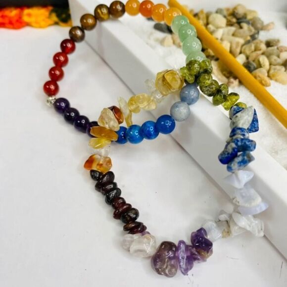 Rainbow Gemstone Bead Stretch Bracelet Set 2pcs - Picture 1 of 7